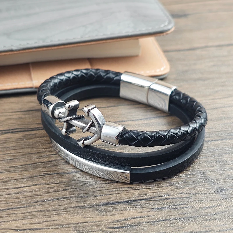 Arrow Bow Arrow Design Leather Rope Woven Bracelet Woven Magnetic Buckle Men's Stainless Steel Bracelet Jewelry Gift Wholesale