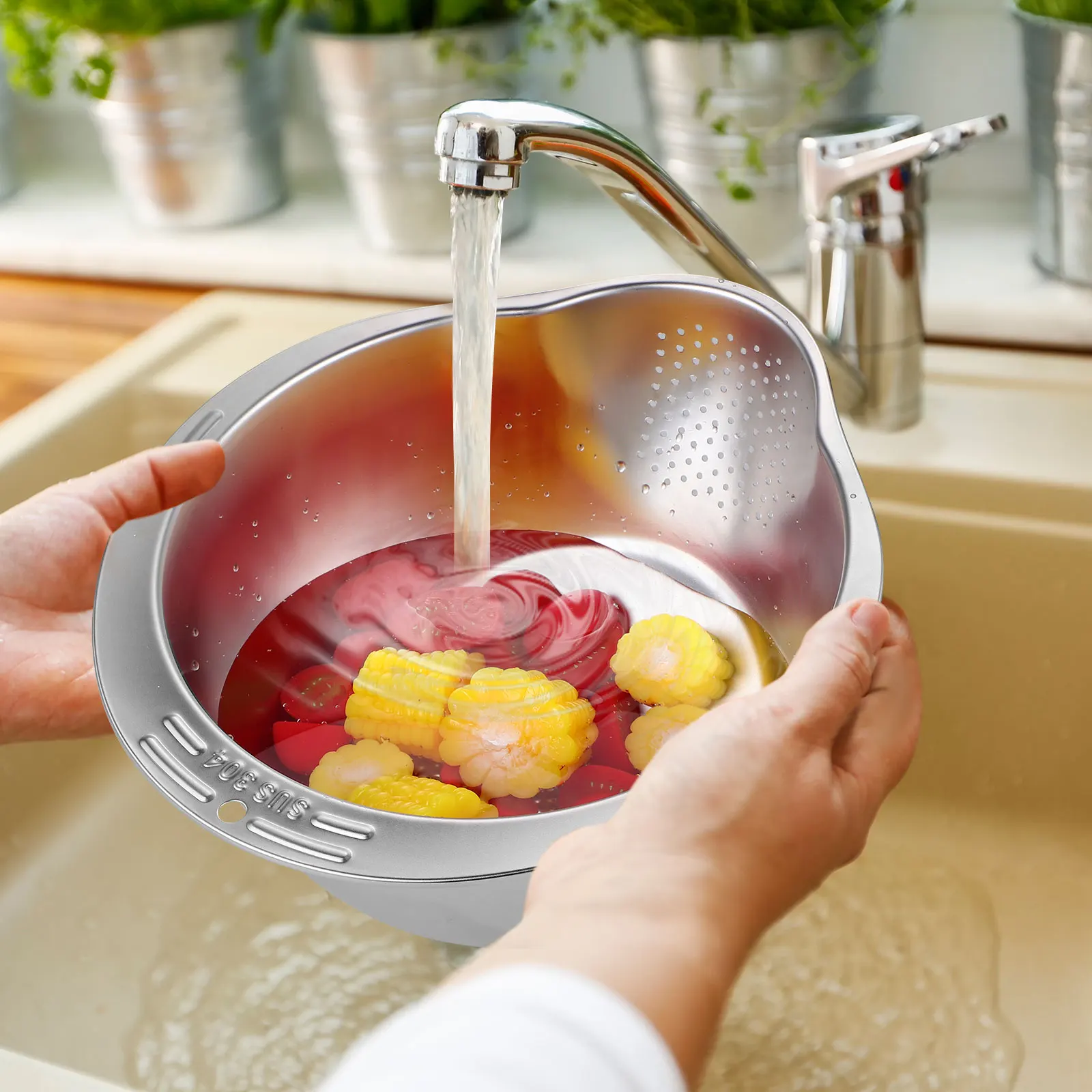 

Rice Washer Strainer Bowl Stainless Steel Multifunctional Drain Basket Large Capacity Kitchen Colander Fine Mesh Vegetable Fruit
