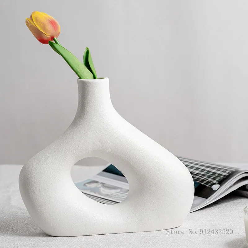 Nordic Shaped Hollow White Porcelain Vase, Flower Pot, Home Decor Accessories, Office Desktop, Living Room Interior Decor, 1Pc