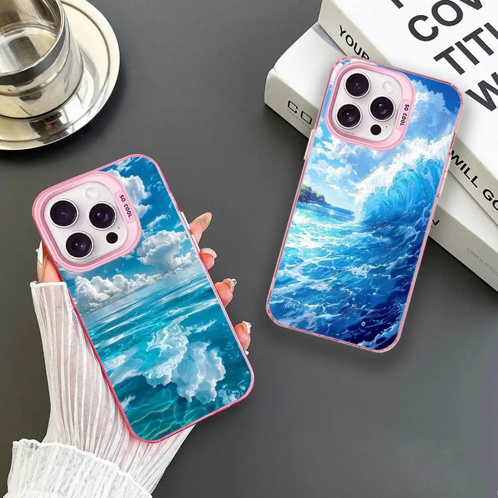 

blue Sea Illustration Phone Case For iPhone 16,15,14,13,12,11,Mini,Pro,MAX Pink Matte Shockproof Cover