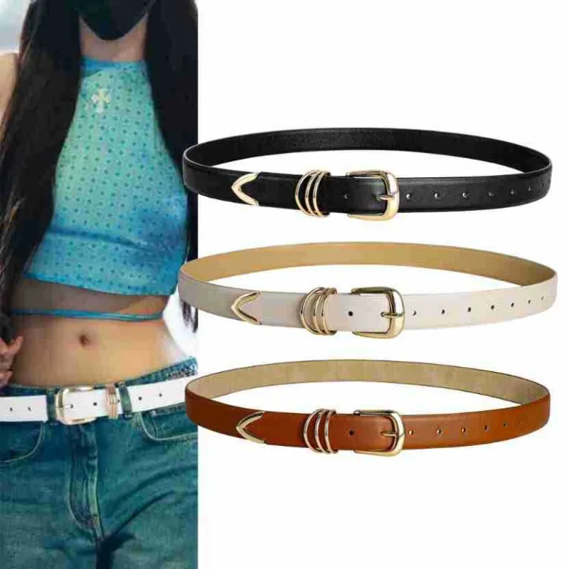 Fashionable and Versatile Gold-Buckle Belt for Men and Women Elegant and Sophisticated Three-Ring Beveled Thin Leather Belt