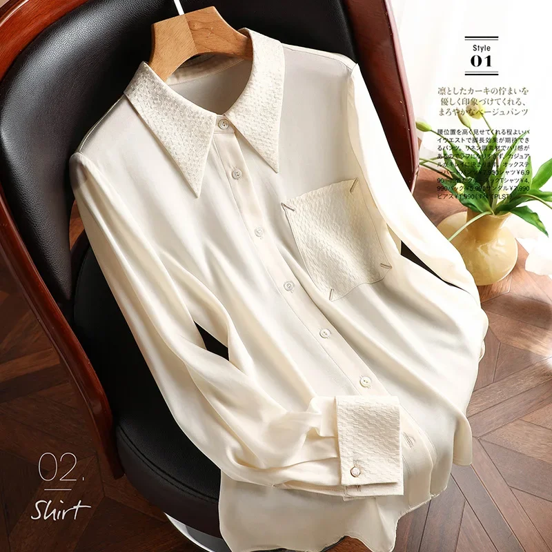 

Satin Long Sleeve Women's Shirt Summer New South Korea Fashion Solid Color Stitching Lapel Blouse Loose Top