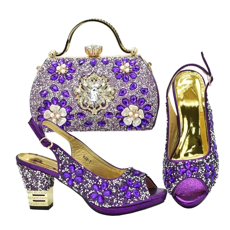 Latest Shoe and Bag Set for Nigeria Party Italy Italian Design Women Shoes and Bag Decorated with Rhinestone Platform Heels