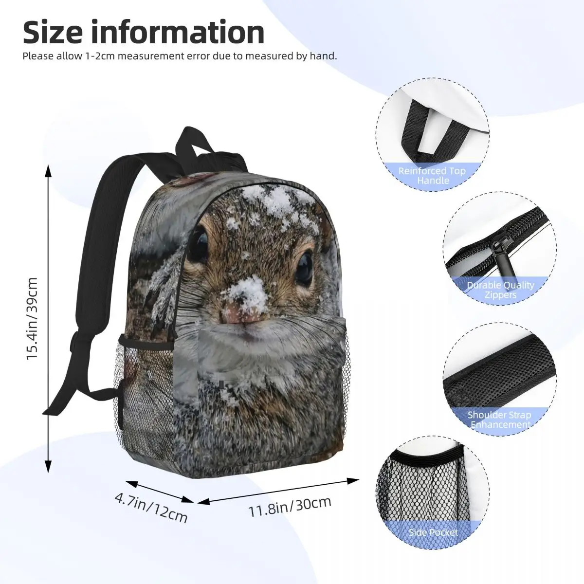 Gray Squirrel Stand On Branch In Snow Backpack Daypack Large Capacity Boys Girls BookBag Shoulder Bags for Men Women School Bag