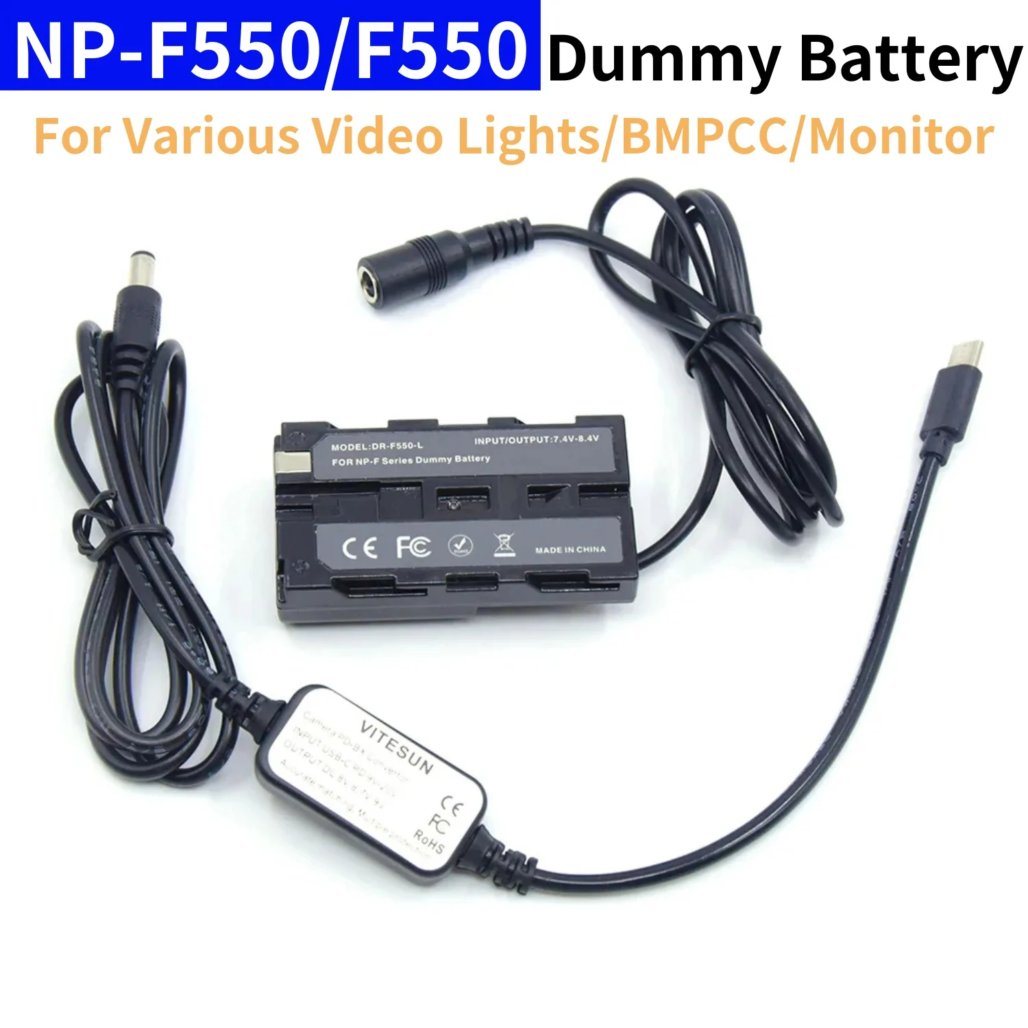 

NP-F550 Dummy Battery&USB Type-C Power Cable Replace NP-F970 F960 F750 F770 DC Coupler for BMPCC,Monitor,Various Video Lights