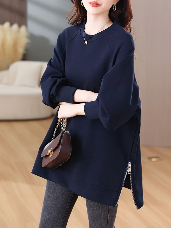 Simple Loose Hoodie Women's Casual Long Sleeve Zipper Side Design Label Removed Autumn Season Fashion Retro Style Garment