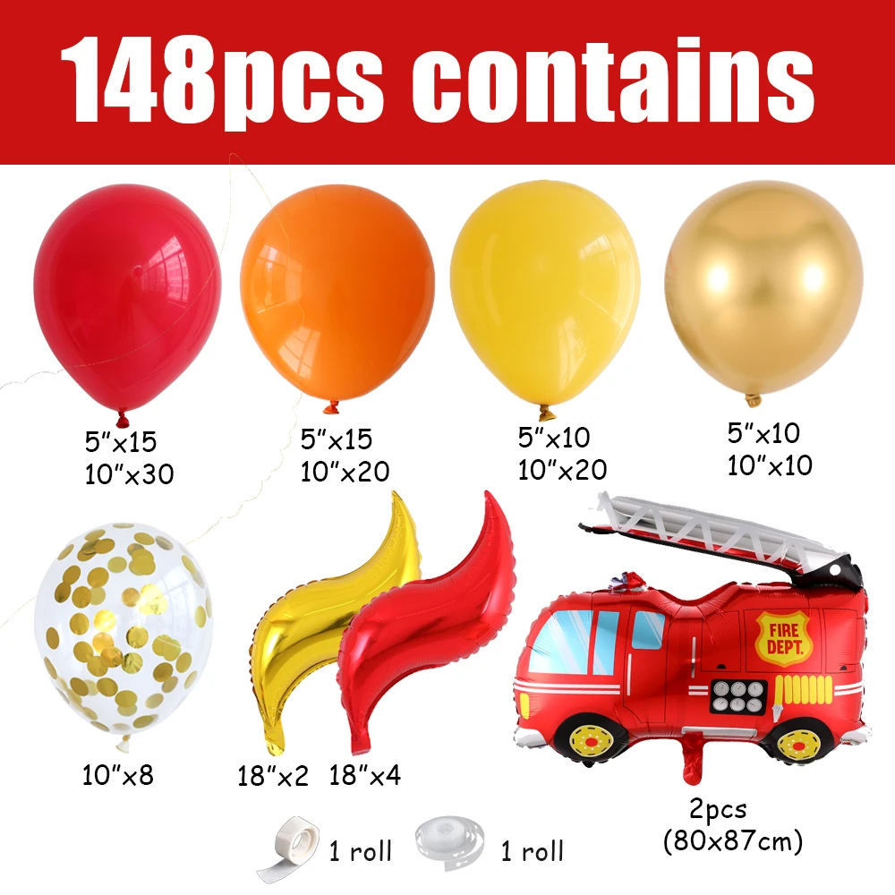 148pcs Fire Truck Balloon Garland Arch Kit Red Orange Yellow Fire Balloons for Boys Kids Firefighter Themed Birthday Party Decor