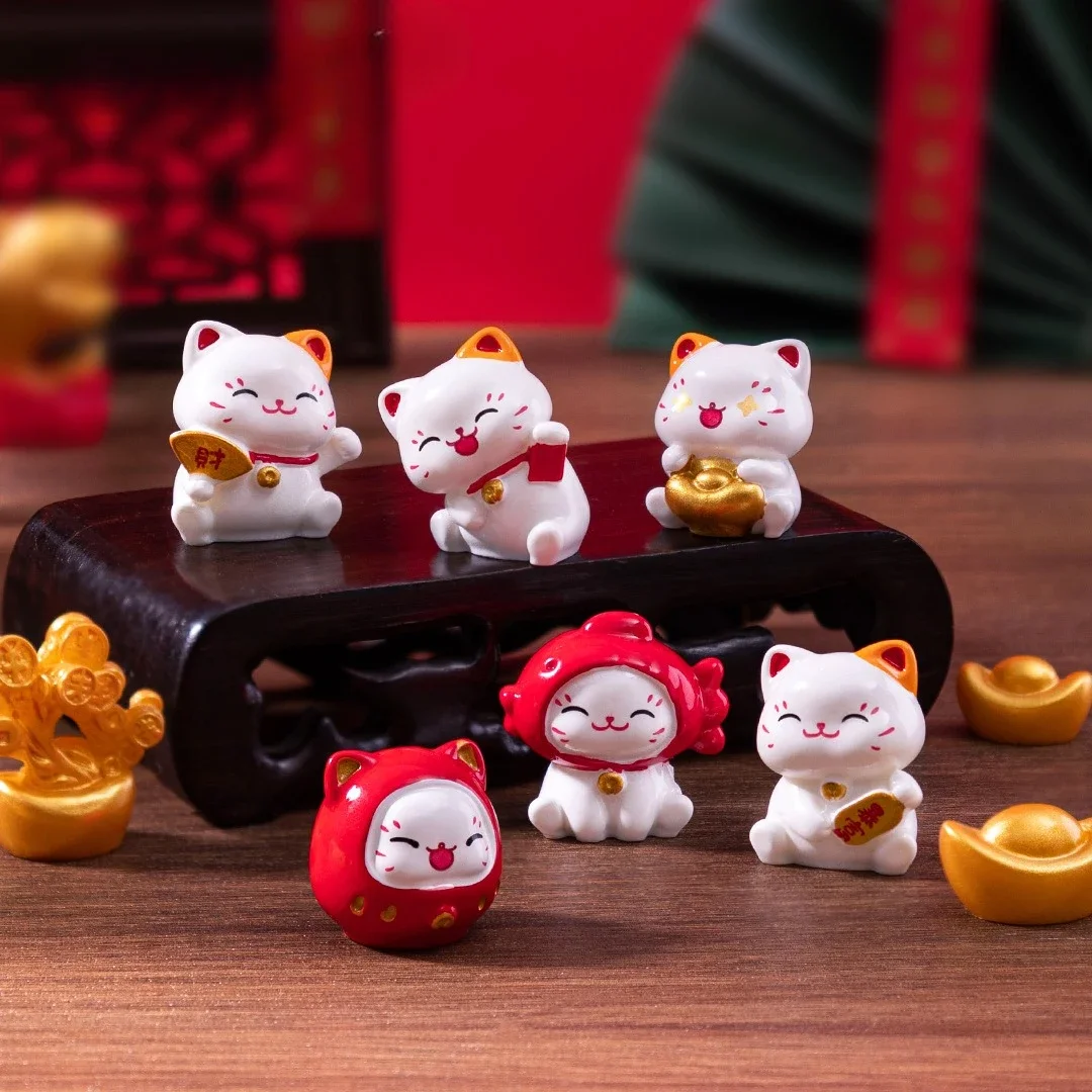 6/12pcs New Chinese Cartoon Maneki Neko Ornaments Animal Figurine Lucky Cat Model Good Luck Wealth Home Desktop Car Decoration