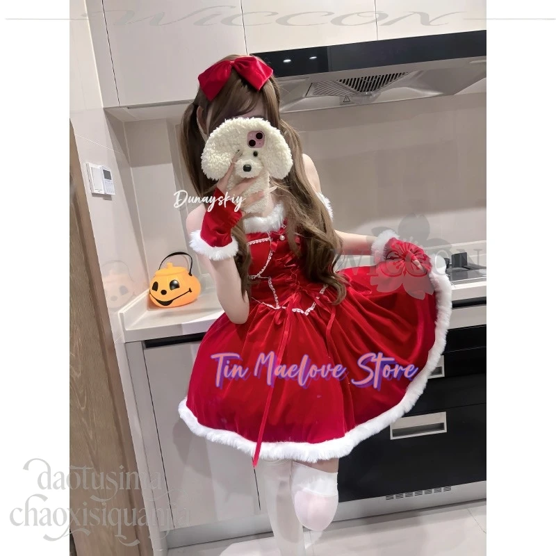 Anime Cosplay Maid Sweet Lolita Bow Christmas Event Red Velvet Strapless Dress Party 코스프레 Original Design Cute Jirai Kei Girls