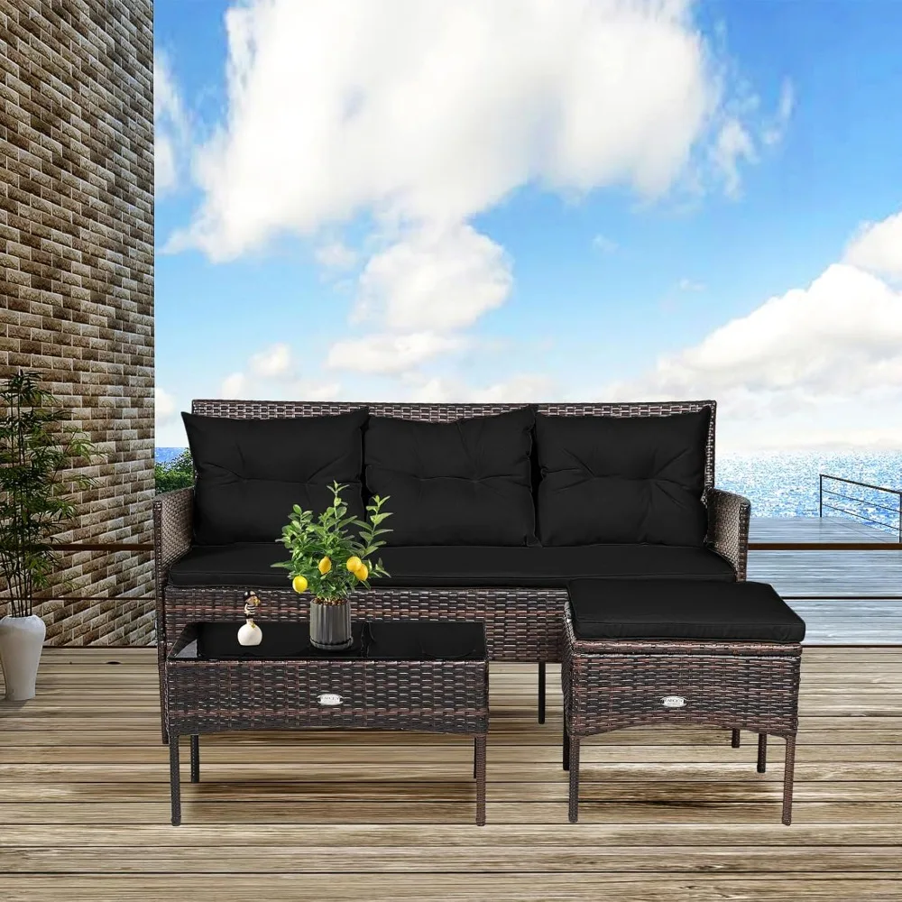 

3 Pieces Patio Furniture Set, Rattan Wicker Sectional Conversation Sofa Set w/5 Seat & Back Cushions,Tempered Glass Coffee Table