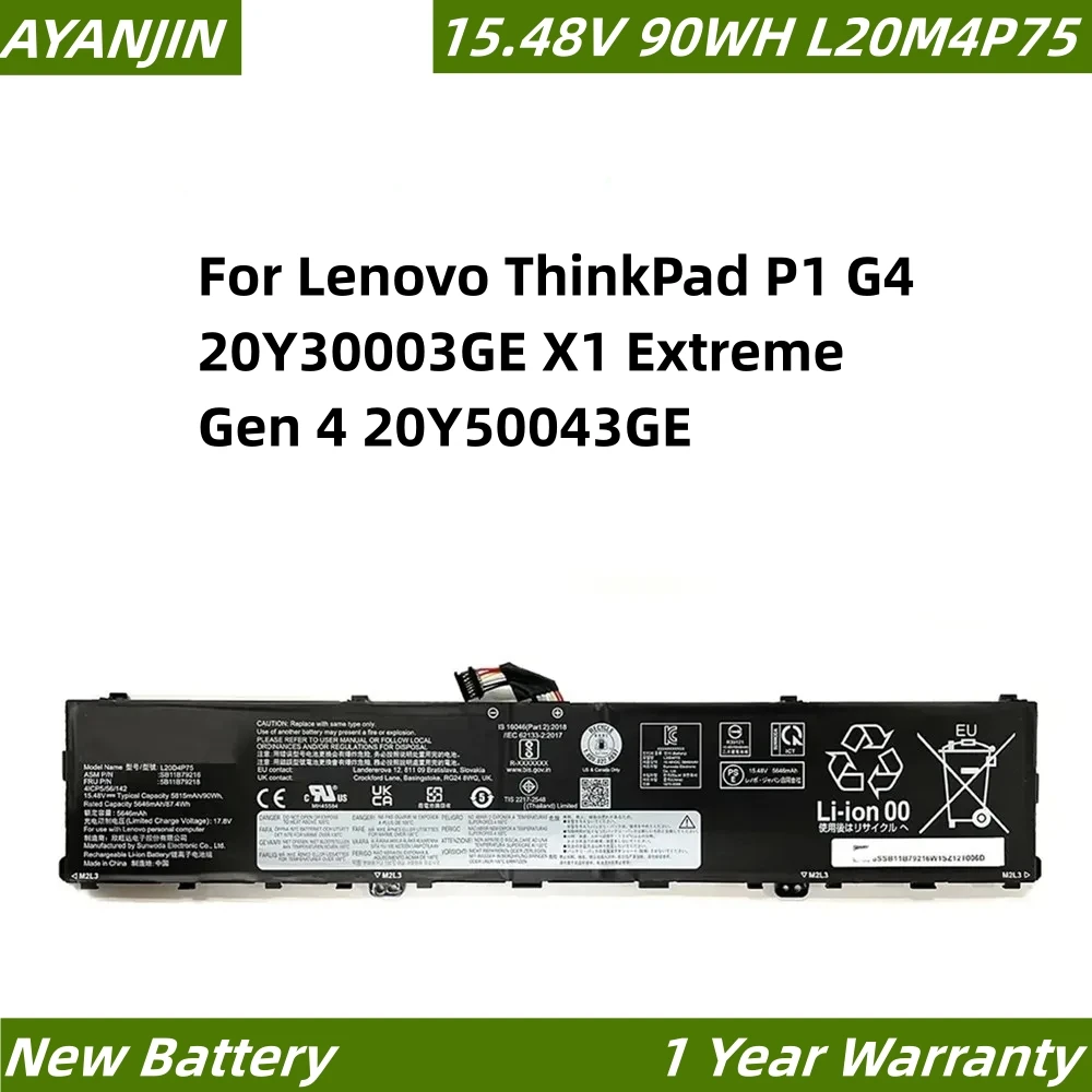 

L20D4P75 15.48V 5815mAh Laptop Battery for Lenovo ThinkPad P1 Gen 4 Gen 5 Gen 6 Type 20Y3/20Y4/21DC L20M4P75 SB11B79215