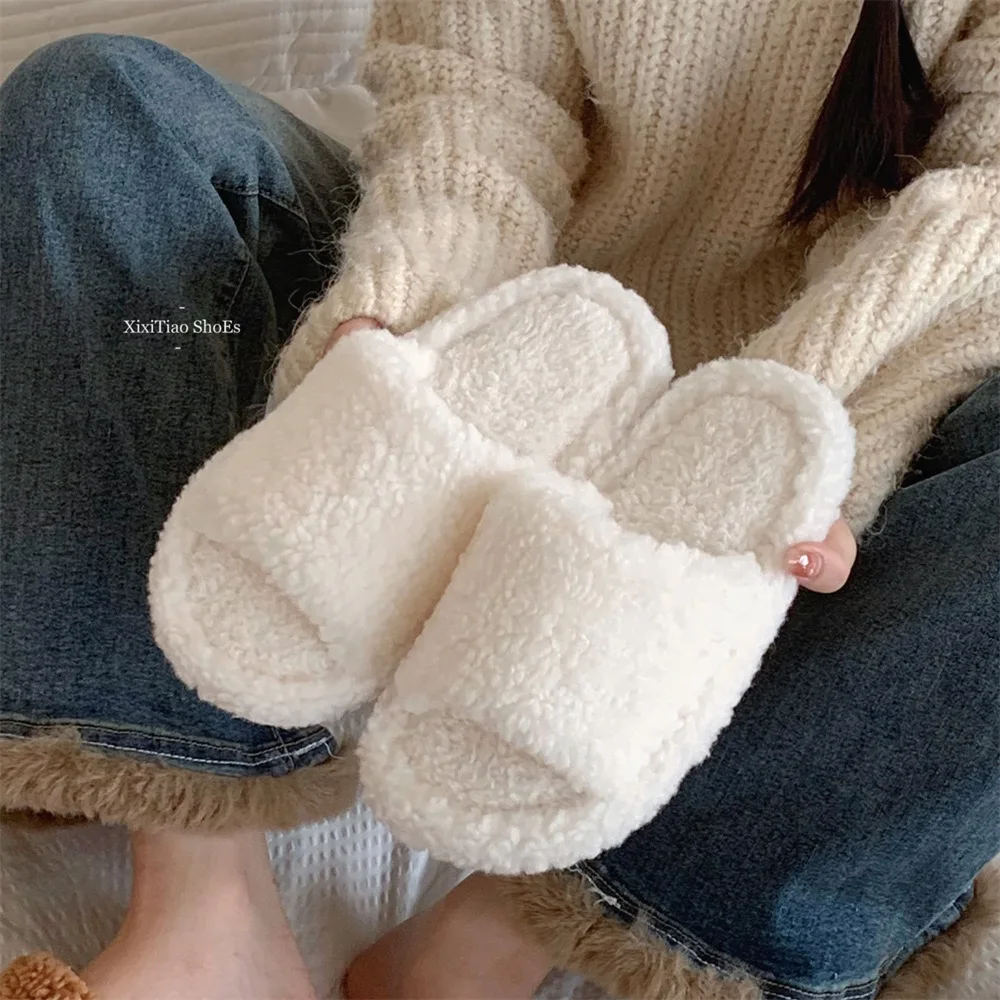 

Autumn/Winter Solid Color Indoor Non-Slip Fuzzy Slippers - Fashionable Warm Cotton Shoes with Soft Sole Comfortable Flat Shoes