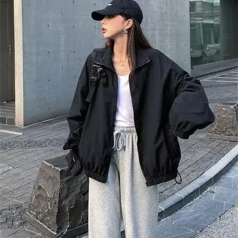 특대 자켓 여성 2024 BF 스타일 세련된 하라주쿠 솔리드 한국 지퍼 streetwear 가을 겉옷 윈드 브레이커 자켓 코트