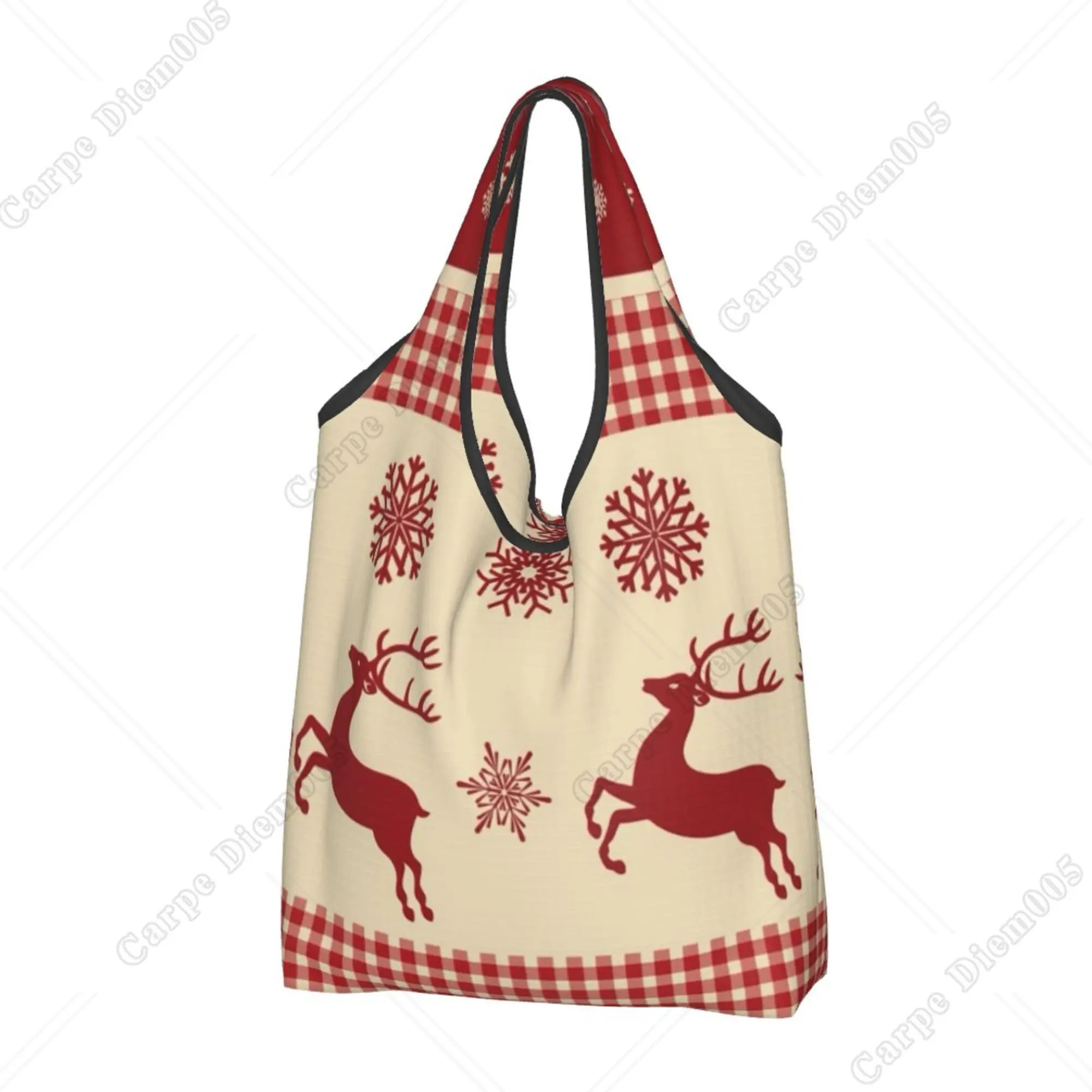 

Red Deer Christmas Tartan Design Tote Bag Folding Shopper Bag for Women Shopping Work Outdoor Walking Fashion No Zipper