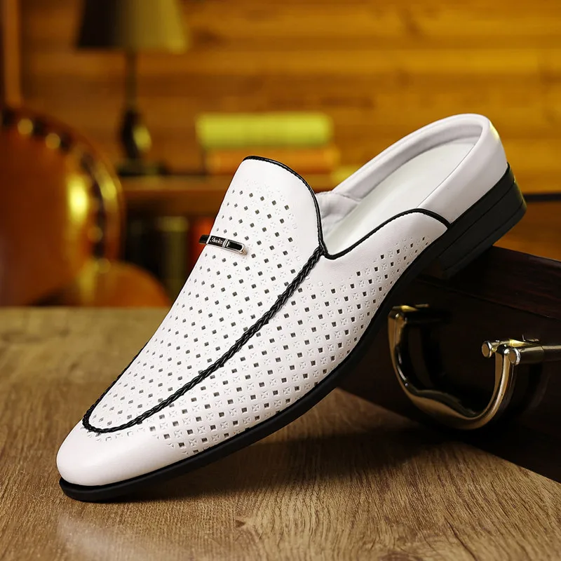 Fashion Hallow Casual Leather Half Slippers for Men 2026 Summer Autumn Designer Mules Male Big Size Solid Color Dress Shoes Man