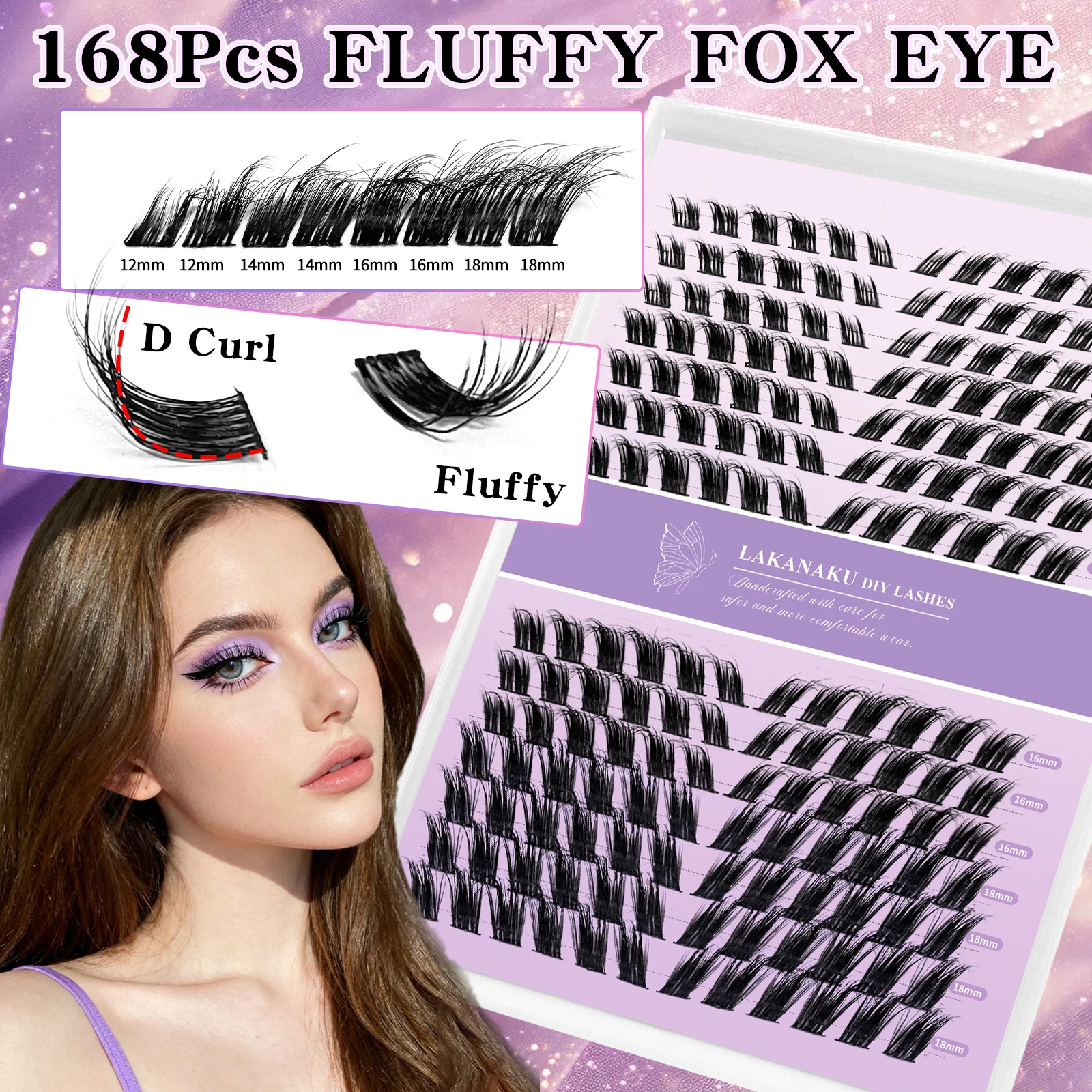 LAKANAKU 168 Fans Multi Layer Fox Eye Cluster Lashes 12-18mm Fluffy 5D Cross Wispy Mink Cluster DIY Eyelash Easy Apply