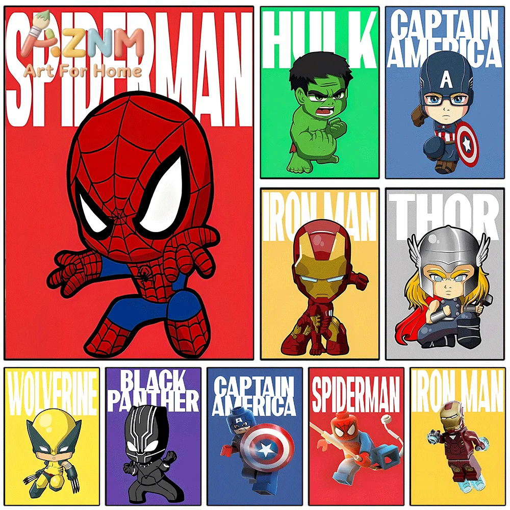 AZNM Cute Chibi Marvel Superhero Cartoon Canvas Wall Art Unframed Print Home Decor Poster for Kids Room Bedroom Decoration