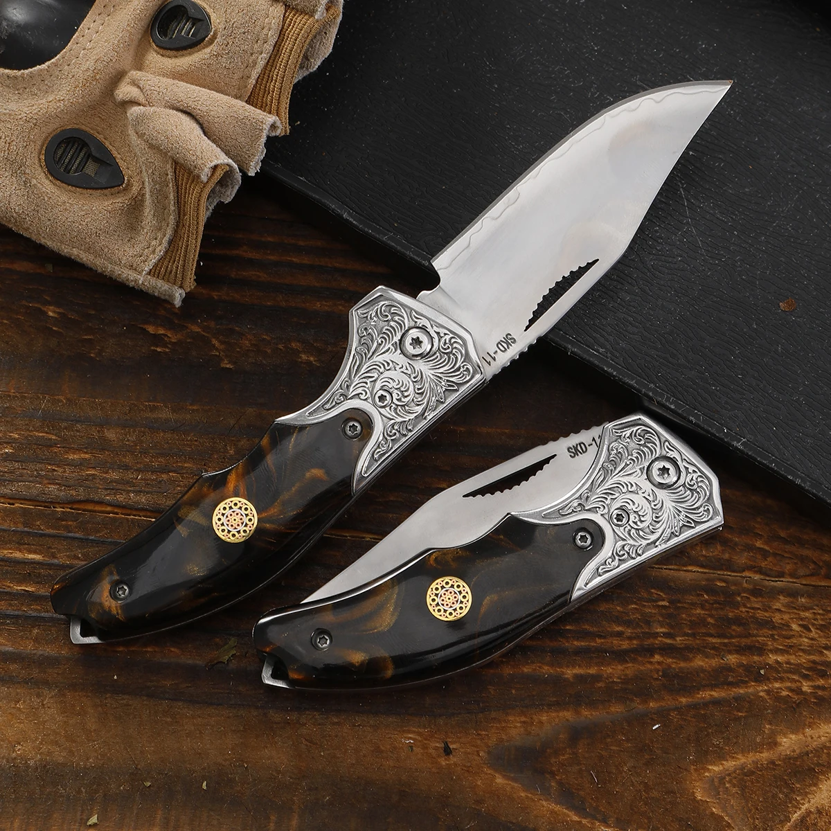 سكين جيب محمول قابل للطي مصنوع من الفولاذ ثلاثة في واحد ومقبض من الراتنج أداة قطع محمولة خارجية هدية بدون قفل