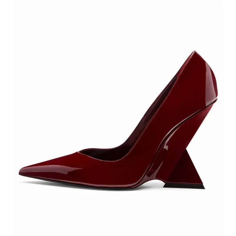 

2025 spring Patent Leather Wedges Pumps shoe Pointed toe Slip-on Super high heel Elegant white Angora red Pumps