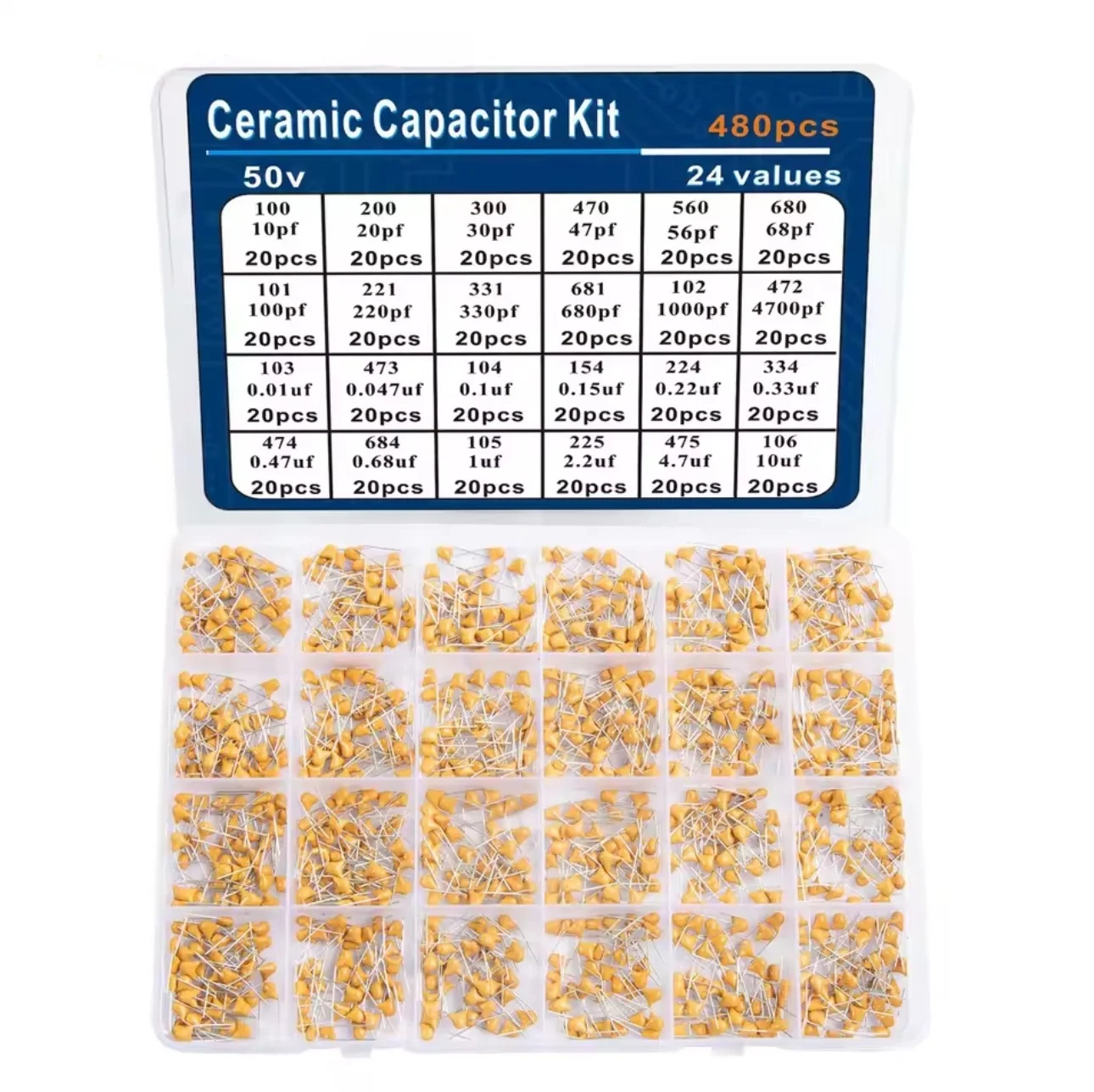 480pcs/box Ceramic Capacitor Assortment Kit For Guitar Capacitor 24Values 0.1uf-10uf