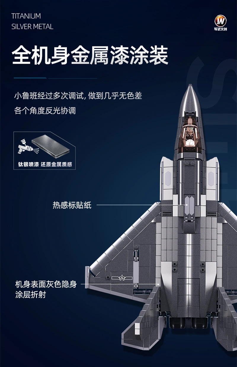 Modello di aereo militare Giocattoli dei mattoni Cinese J-35 Stealth Fighter Building Blocks Rivestimento in metallo simulato compatibile con LEGO