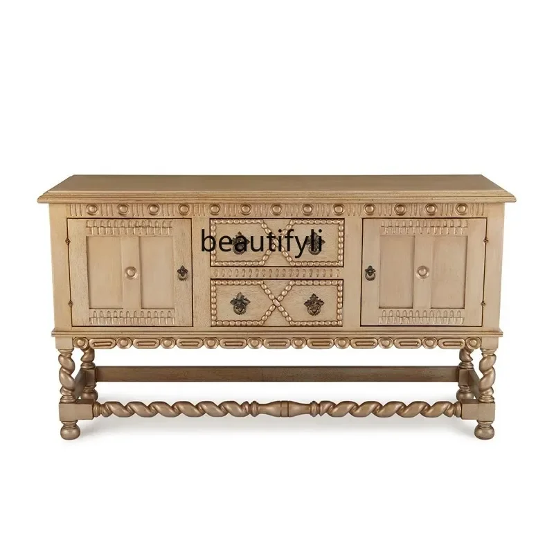 

Customized furniture American solid wood carved entrance cabinet French oak distressed sideboard