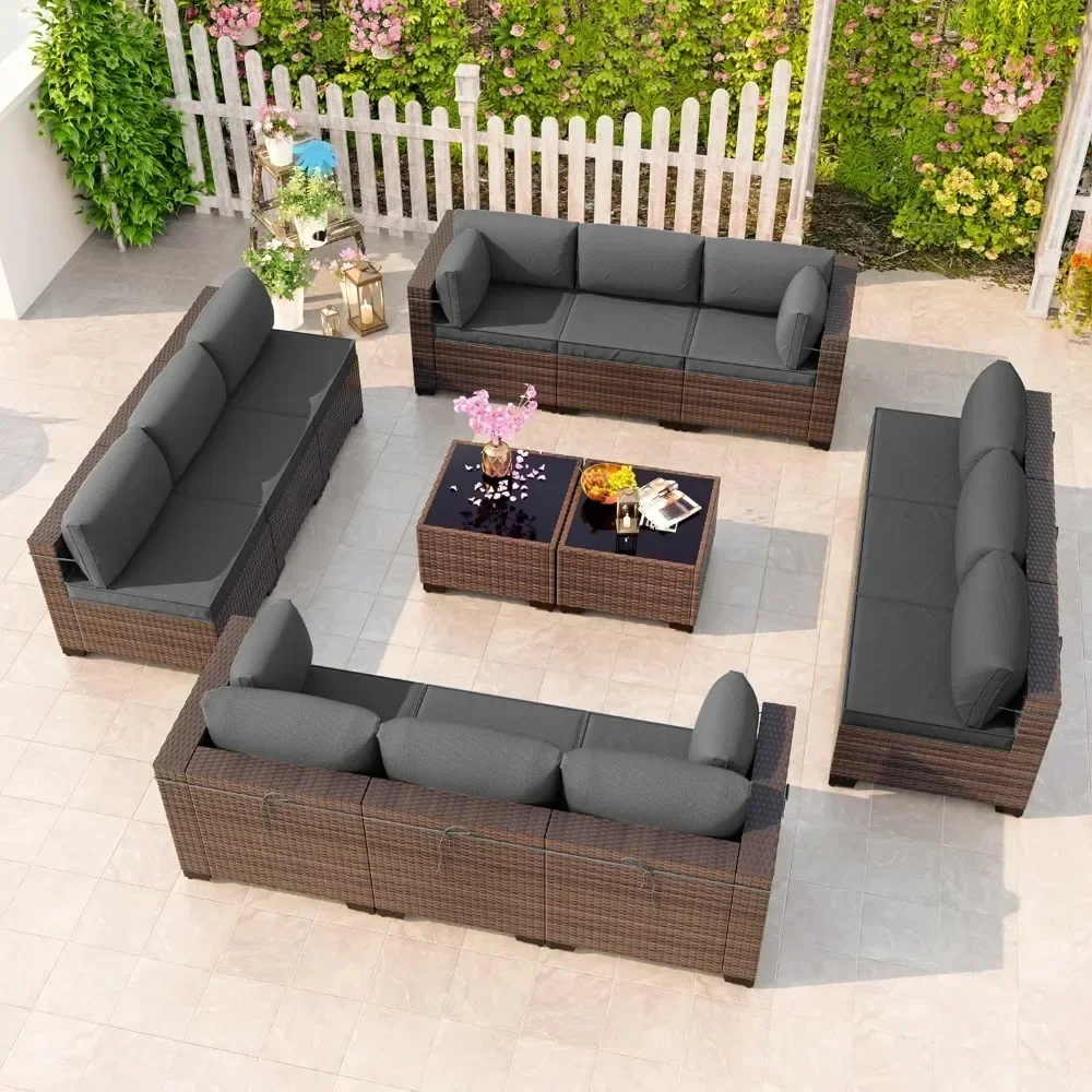 Outdoor Patio Furniture 12 Piec Set, Sectional PE Wicker Conversation Sofa Set with 10 Seat Cushions& 2 Tempered Glass Table