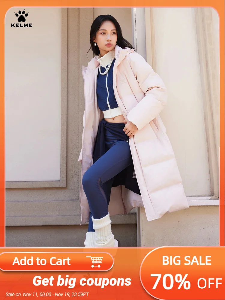 

Kelme Women's Long Down Coat Winter Knee-length Training Jacket Outdoor Windproof Warm Sports Hooded Coat Women's Cotton Jacket