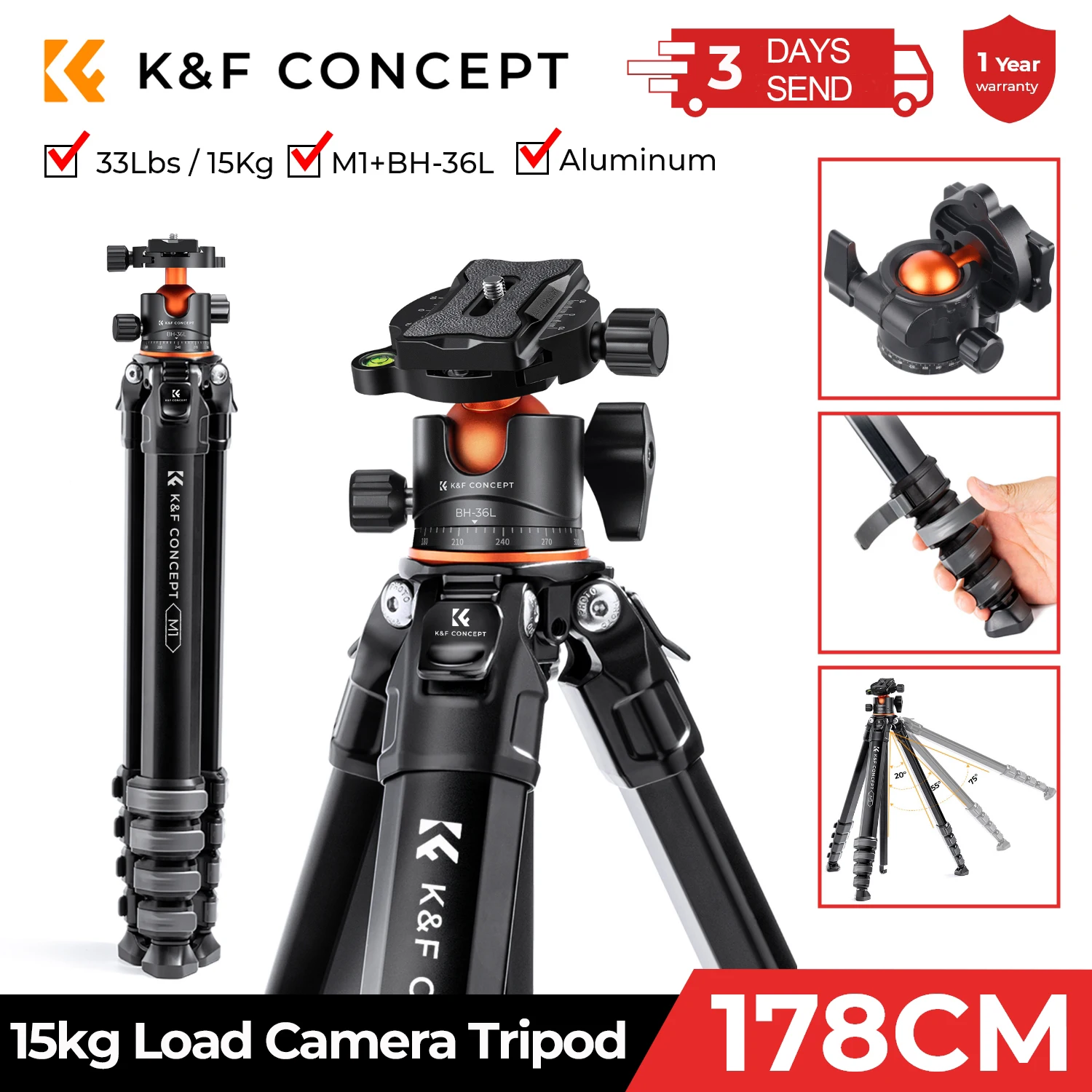 K&F Concept Ompact Travel Tripod Aluminium Camera Tripod 15kg 33lbs Load 70\