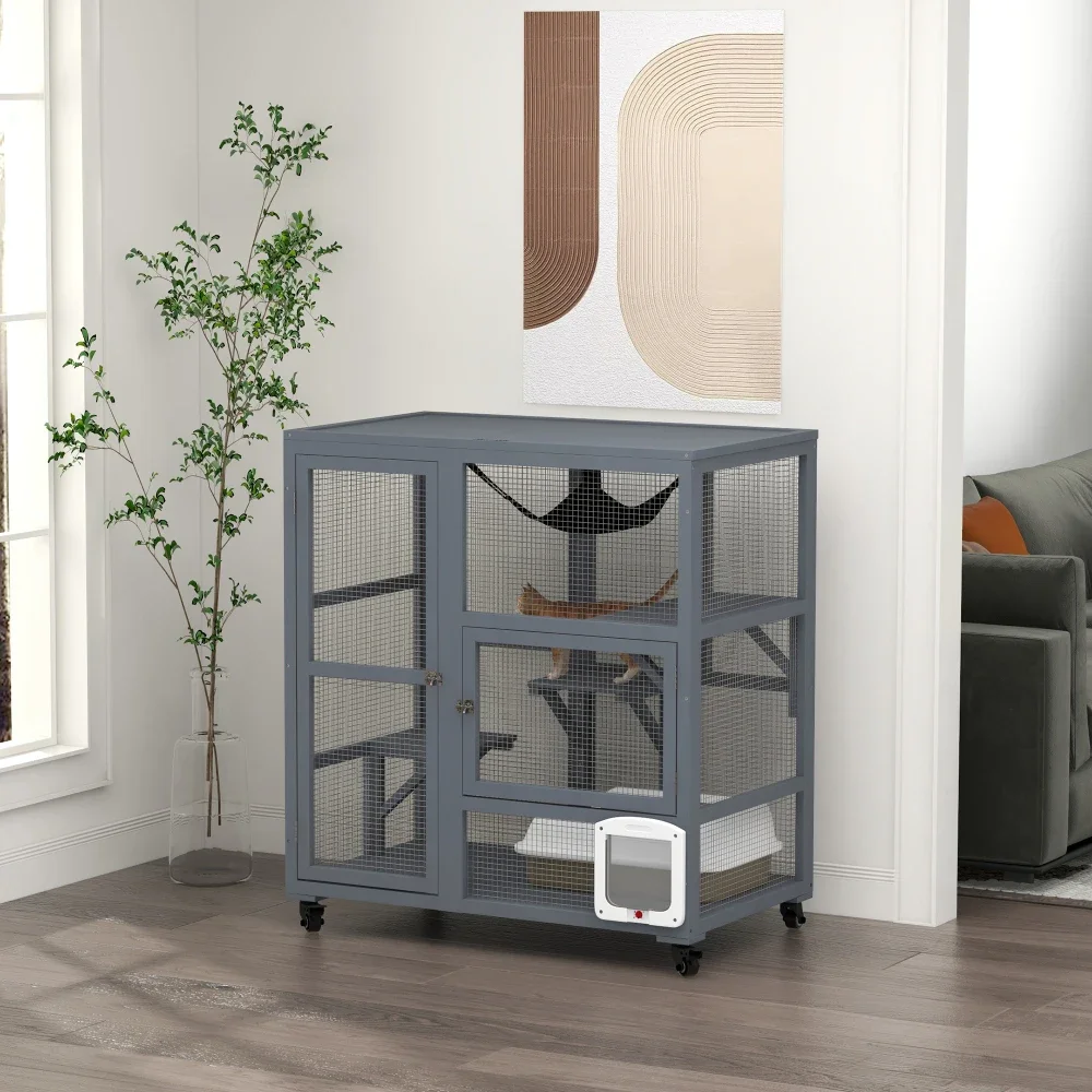 Wooden Cat House Indoor Enclosure with Wheels