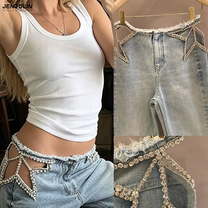American Retro Star Cutout Embellished Denim Pants for Women Summer New Fashion Trendy Casual Floor-Length Leggings