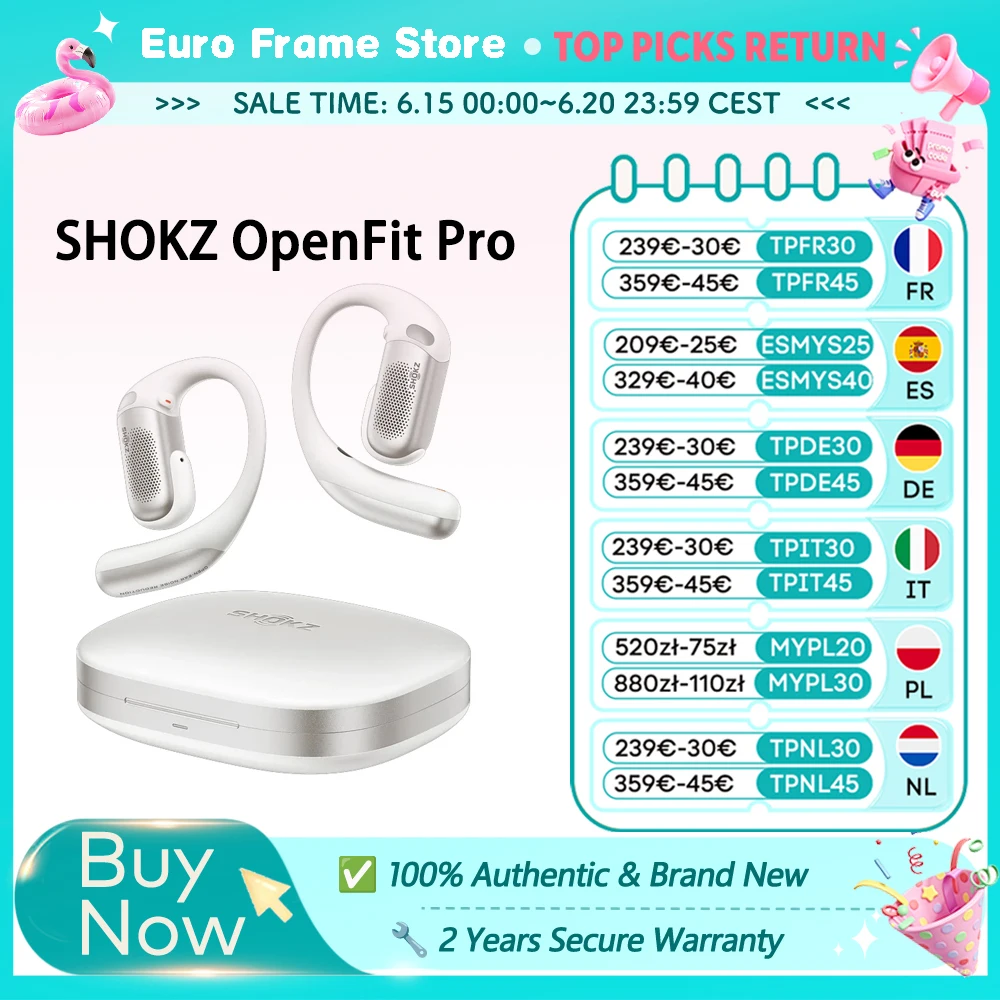 Auricolari SHOKZ OpenFit Pro T010 con riduzione del rumore, wireless Bluetooth 5.3, impermeabili IP55, 50 ore di riproduzione, per lo sport, spedizione UE.