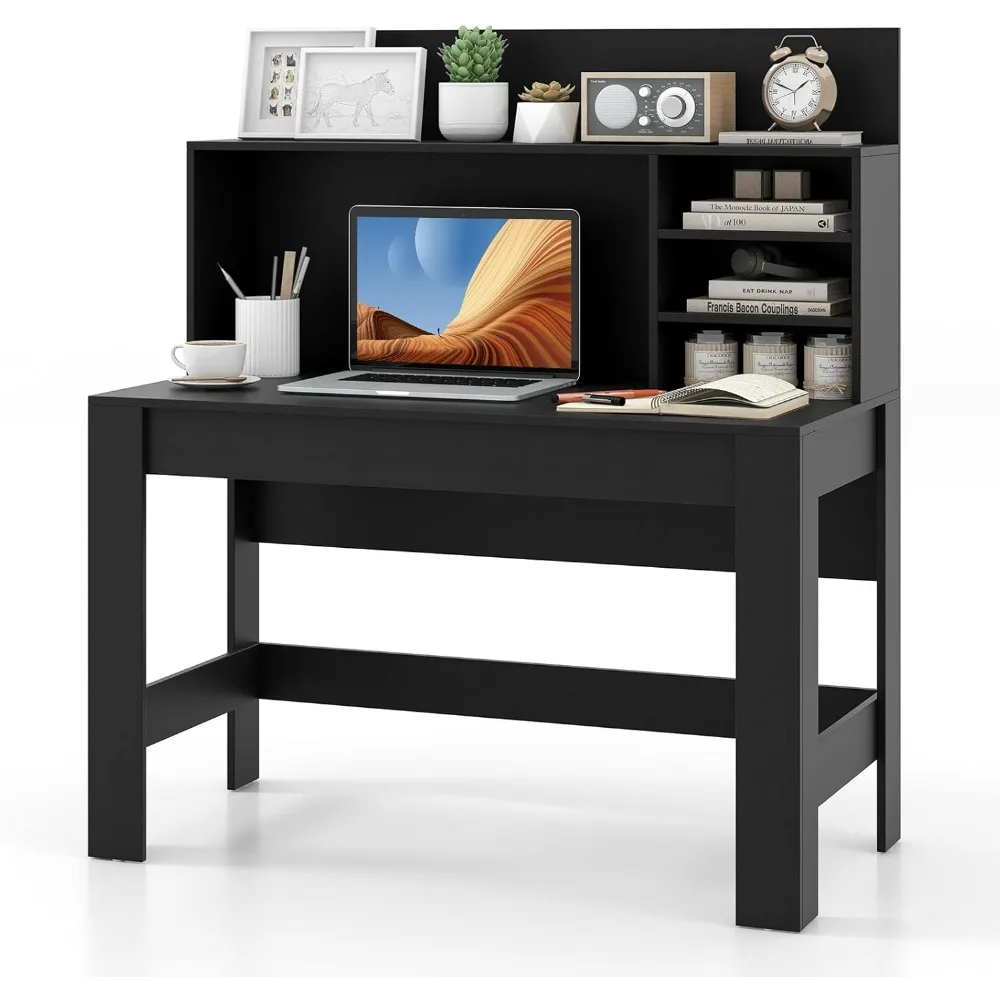 Computer Desk with Hutch, Home Office Desk with Bookshelf, Writing Study Desk with Anti-Toppling Device & Cable Hole, Modern