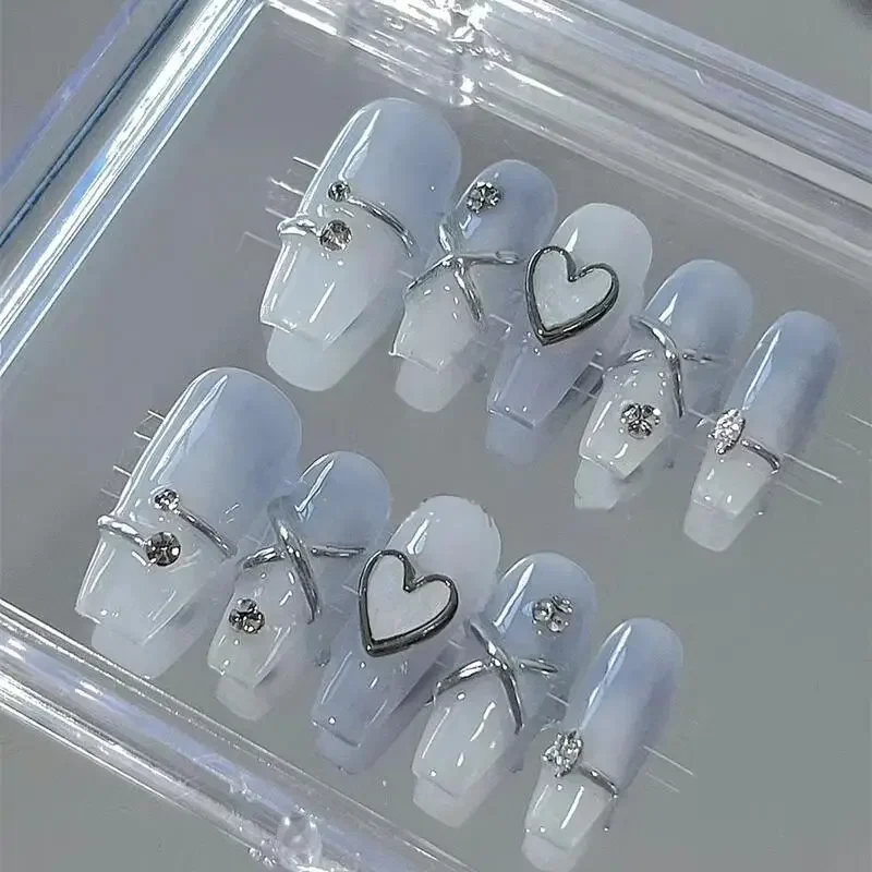 10pcs Handmade Glossy Blue Ombre Press On Nails with 3D Heart and Silvery Line-Long Coffin False Nails for Women and Girls Wear