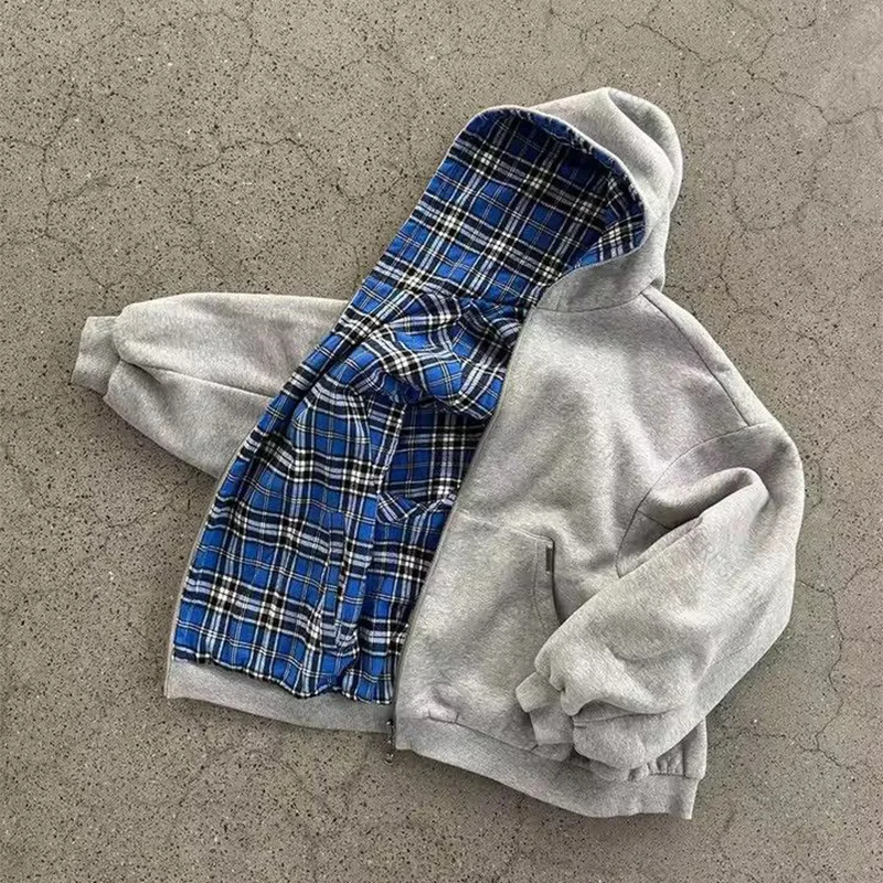 Reversible Zip Up Hoodie Plaid Pattern Cropped Long Sleeve Loose Fit Y2K Streetwear Casual Sweatshirt