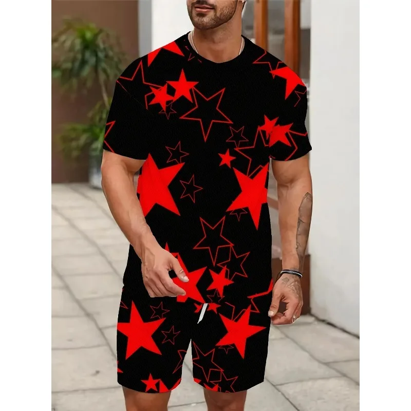 

Новейшая уличная мода с 3D принтом пентаграммы и удобные повседневные спортивные шорты с короткими рукавами, мужской костюм на лето 2025 г.