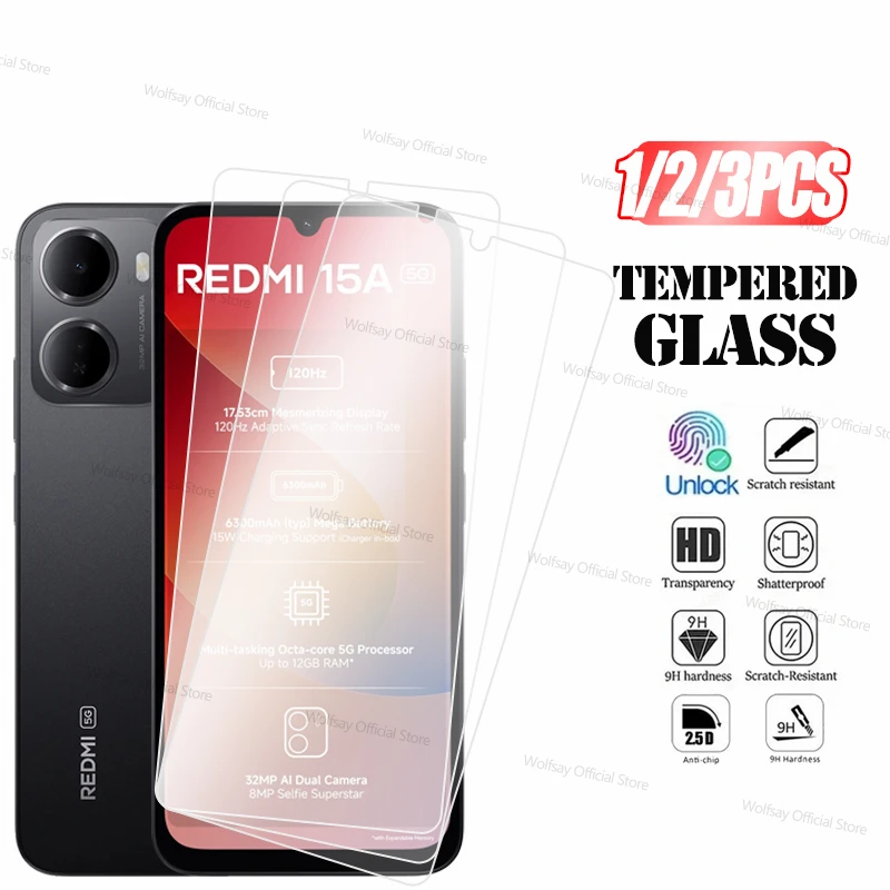 

3/2/1PCS Screen Protector For Xiaomi Redmi 15a 5G Tempered Glass Xiaomi Redmi 15a Full Glue Protective Phone Glass Redmi 15a 5G