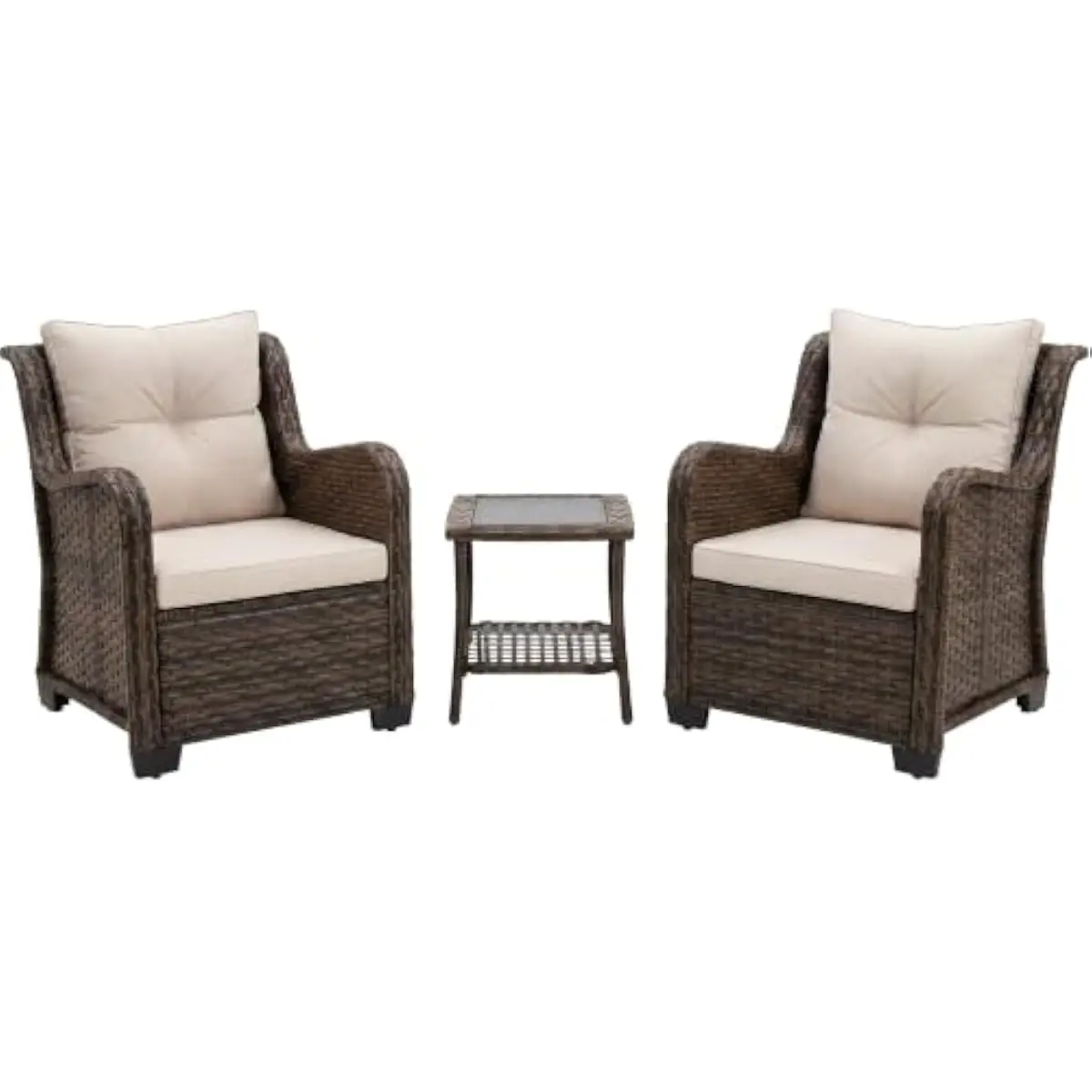 3-piece outdoor seating ensemble featuring beige PE rattan armchairs with high backrests and plush cushions plus rectangular tem