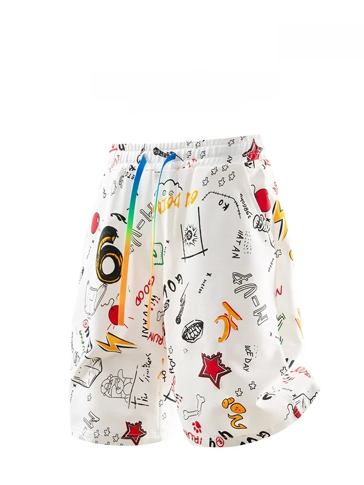 

Kith Summer Casual Beach Pants fiti Flower Five-Point orts Men's Loose Fit Straight Leg Cotton Polyester Blend