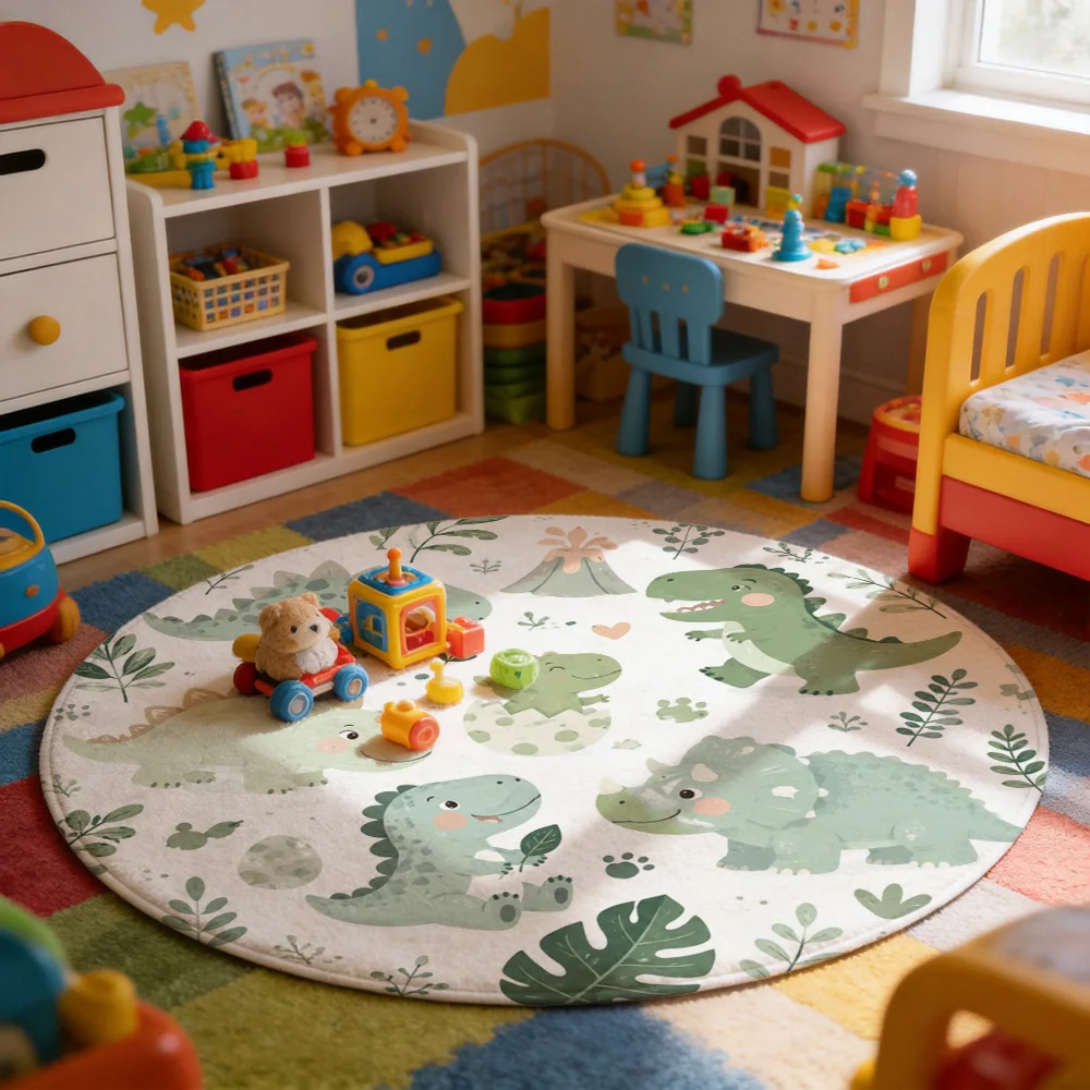 Cute Dinosaur Print Round Area Rug Nursery Play Mat Kids Toddler Room Decor Soft Washable Jungle Theme