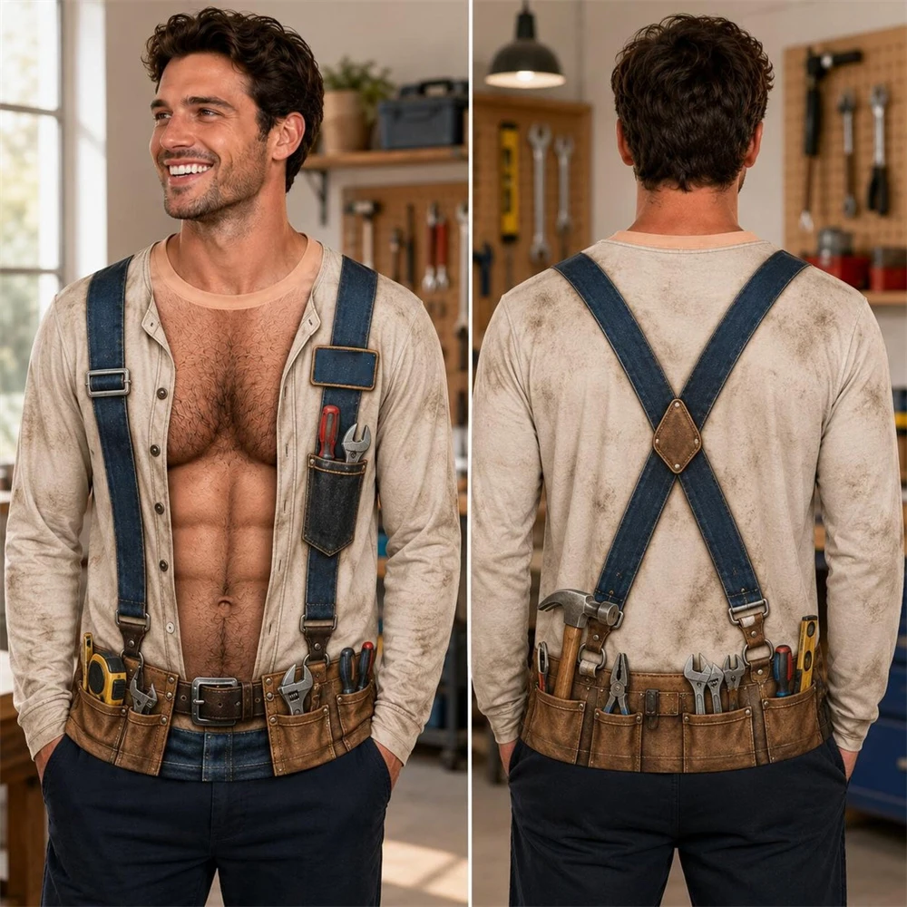 Men's Long Sleeve Sweatshirt Digital Print Workman Tool Belt Suspenders Graphic Crew Neck Pullover Casual Gift Tops