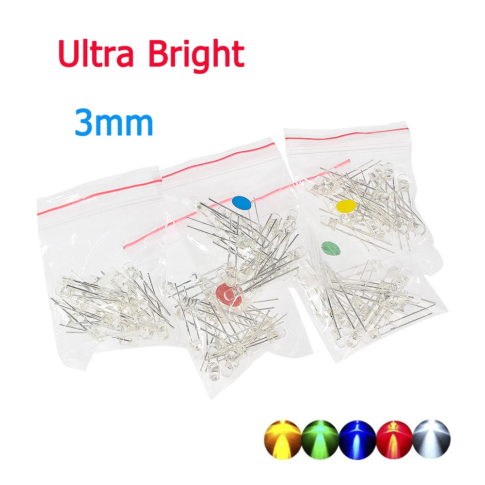 50/100pcs F3 3MM LED Diode Kit Super Bright Blue Green Orange Red Yellow White LEDs Light Emitting Assortment