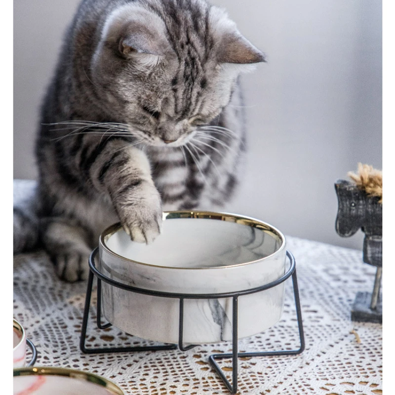 Ceramic Cat Bowl Double Marble Feeder for Dog Puppy with Raised Stand Non-Slip Feeding Food and Water Accessories Products #P021