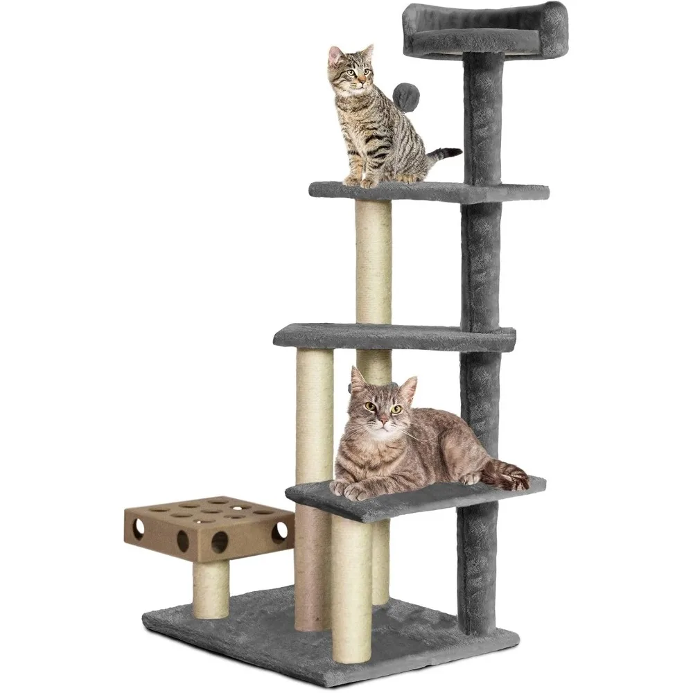 

9.5 Inch Tall Cat Tree for Indoor Cats, Ft. Sisal Scratch Posts, Plush Ball Toys & Busy Box Toys - Gray