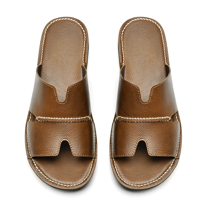 2024Summer New Men's Leather Sandals Breathable Beach Outdoor Flat Bottom Open Toe Fashionable and Comfortable Shoes