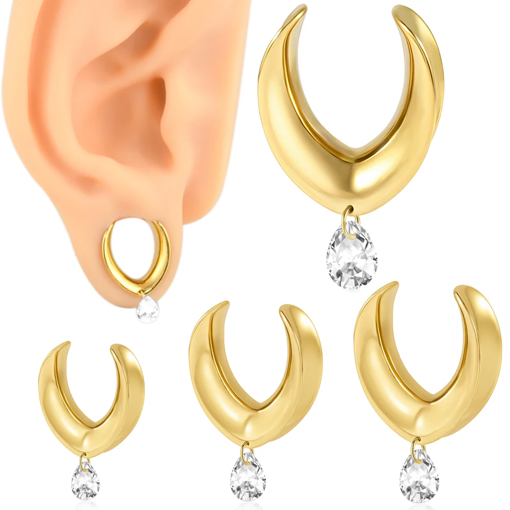 2/1PCs Golden U-Shape Waterdrop Hanger Ear Plug&Tunnel Surgical Steel Double Flared Expander Ear Stretched Ear Gauge Expansion