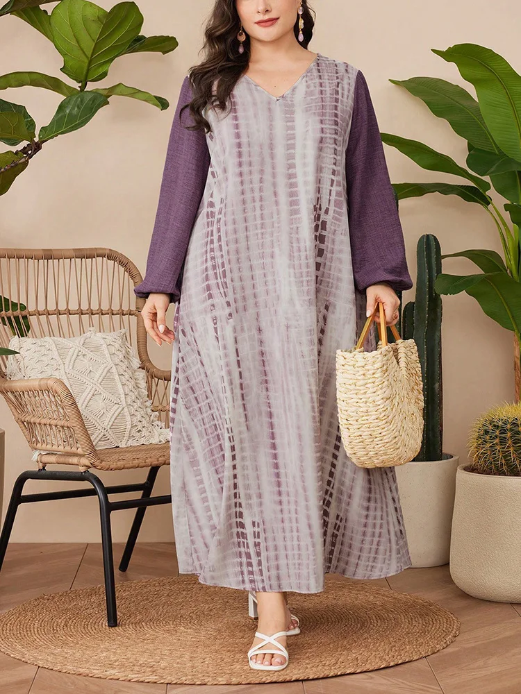Gibsie plus size férias estilo tie dye abaya vestido feminino 2025 novo outono com decote em v lanterna manga solta maxi vestidos longos femininos