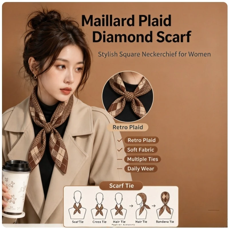 Women Retro Plaid Neckerchief Soft Fabric Small Square Scarf Multi Wear Fashion Neck Bandana Daily Decor Accessory