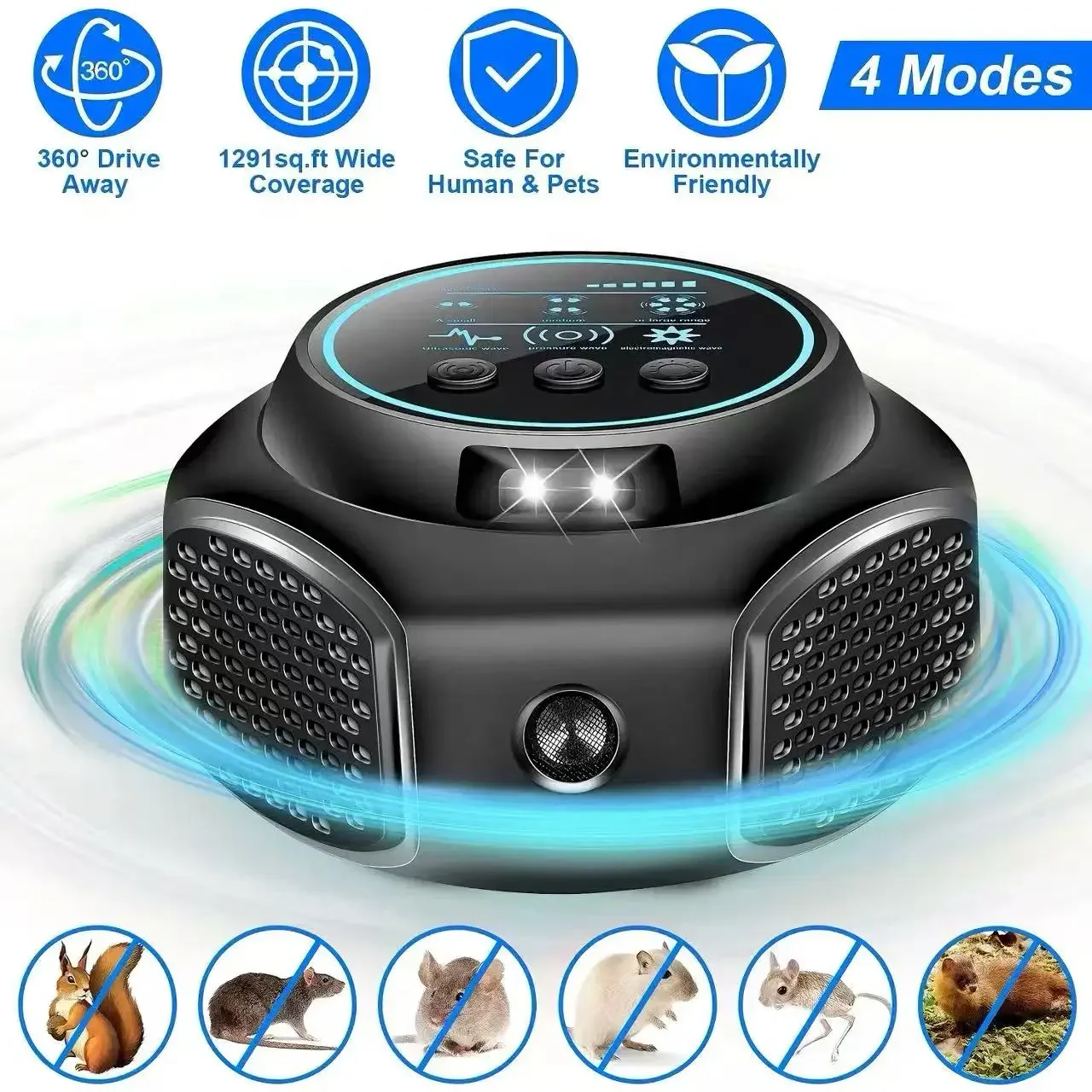 Ultrasonic Pest Repeller 360° Electronic Mouse Rat Repellent 4 Modes Indoor Pest Control Device Safe for Human Pets Home Use