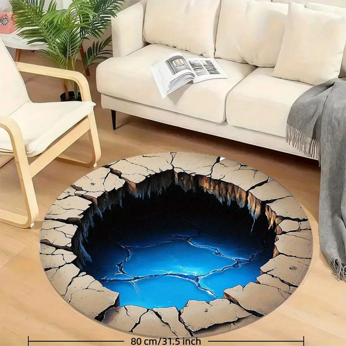3D Illusion Crack Hole Abyss Round Rug Realistic Depth Effect Flannel Carpet For Living Room Gamer Cave Horror Theme Floor Decor